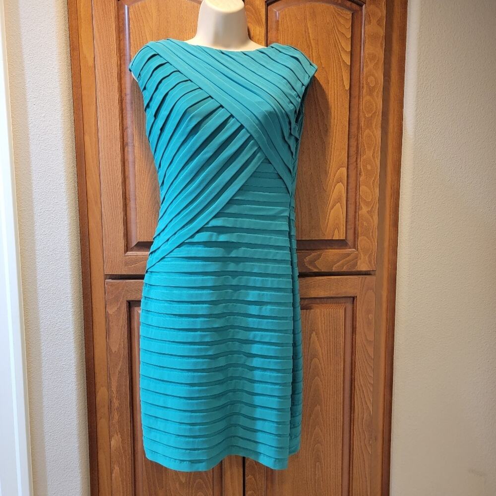 Adrianna Papell Petite Teal Banded Mesh Sheath Cocktail Dress 8P